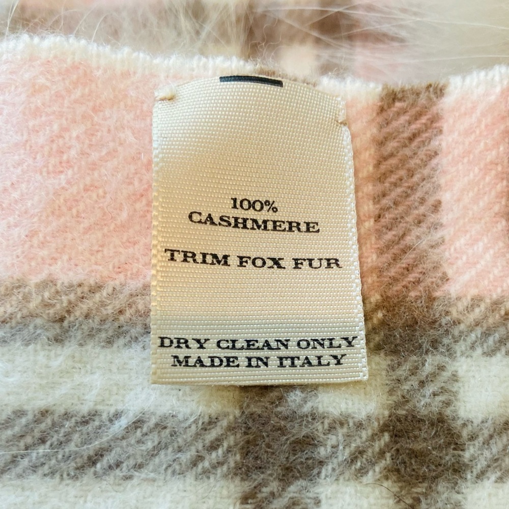 Burberry Pink Plaid Cashmere Fox Fur Pom Poms Scarf - Picture 7 of 7